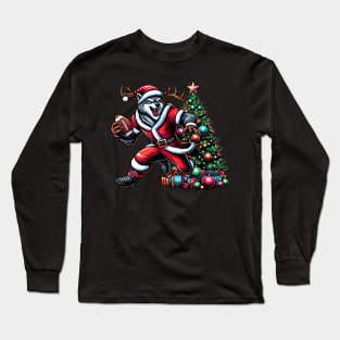 Funny Santa Wolf Play Football, Christmas Tree Long Sleeve T-Shirt